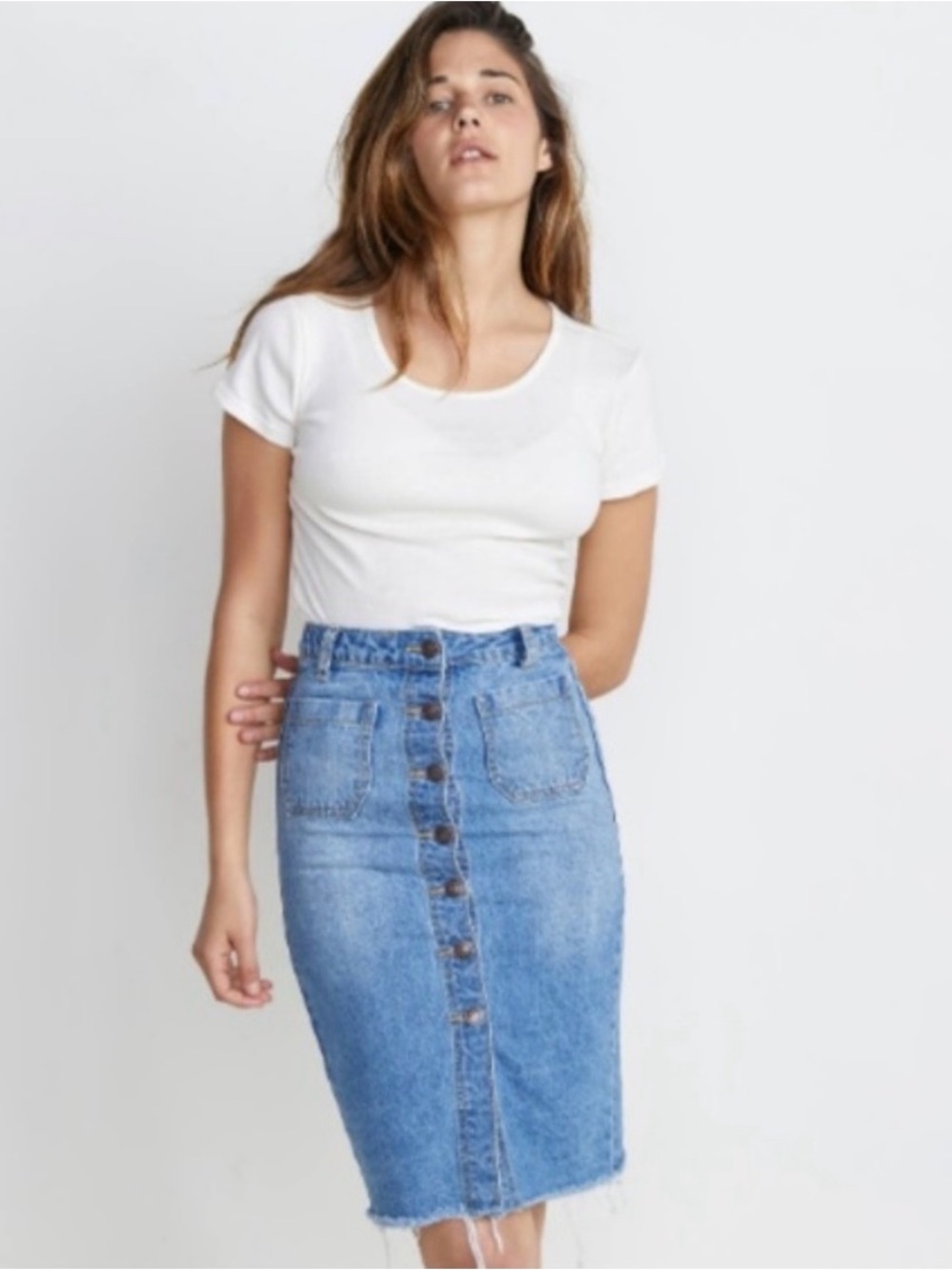 Marine Layer Brooke Midi Skirt Denim Pencil Button Size 2